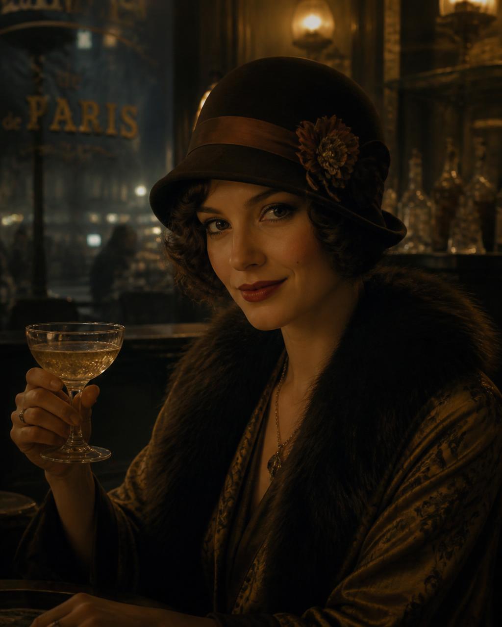 A woman in 1920s Paris attire holding a coupe glass at a café bar
