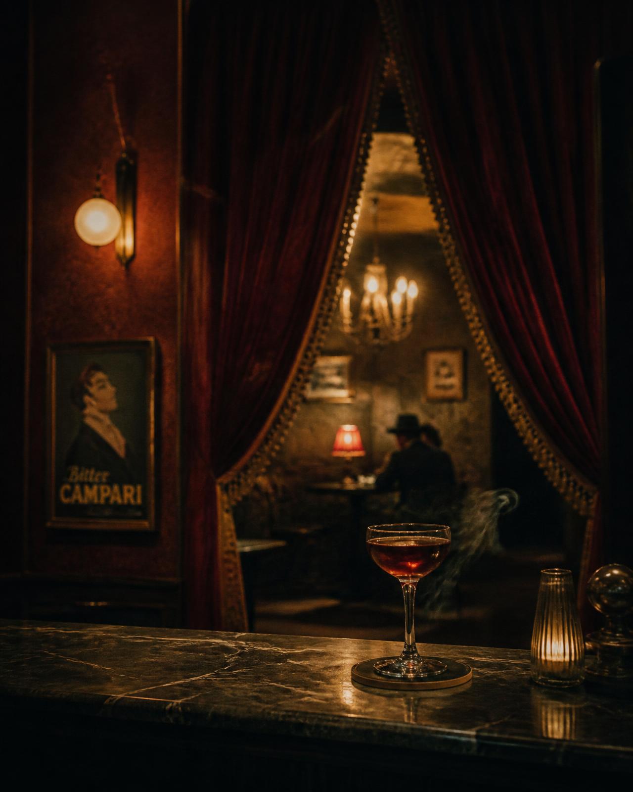 A coupe glass on a marble bar behind a parted velvet curtain